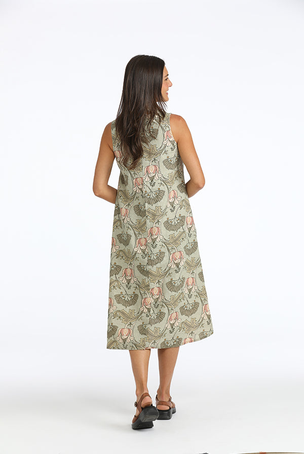 floral green linen dress back view