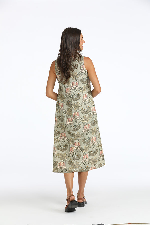 floral green linen dress back view