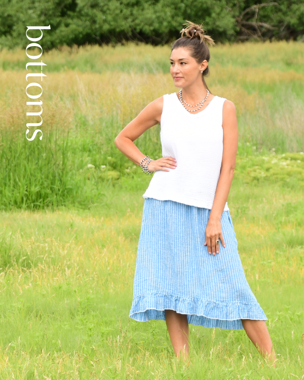 white organic cotton tank with blue stripe crinkle linen ruffle skirt
