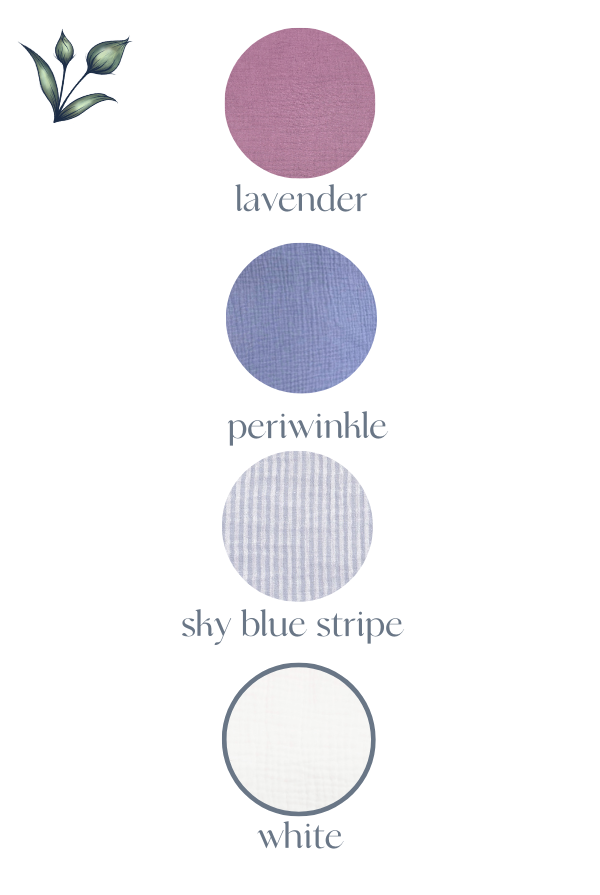 Color swatches labeled 'lavender', 'periwinkle', 'sky blue stripe', and 'white' on a white background.