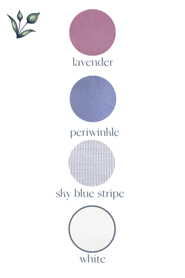 Color swatches labeled 'lavender', 'periwinkle', 'sky blue stripe', and 'white' on a white background.