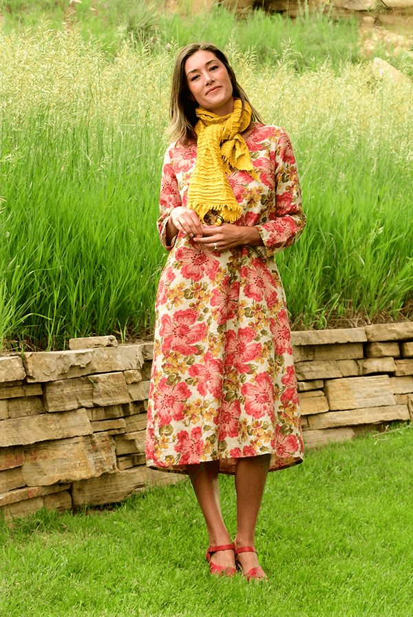 linen floral dress with mustard scarf