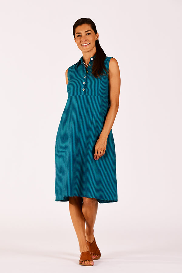 green stripe button front dress