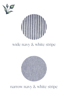 Two circular patterns with text indicating 'wide navy & white stripe' and 'narrow navy & white stripe' on a white background.