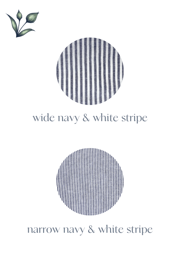 Two circular patterns with text indicating 'wide navy & white stripe' and 'narrow navy & white stripe' on a white background.