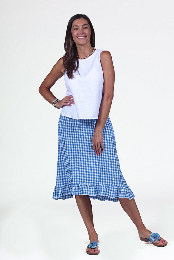 BLUE GINGHAM CHECK SKIRT WITH RUFFLE