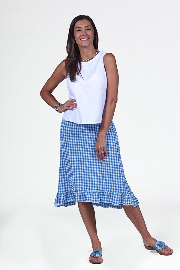 BLUE GINGHAM CHECK SKIRT WITH RUFFLE