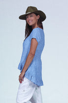 blue pinstripe linen ruffle top