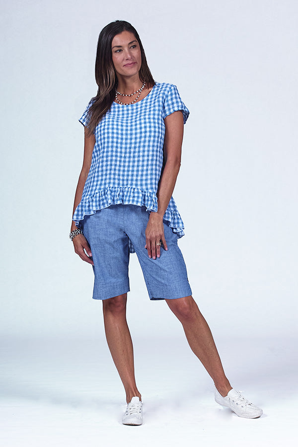 blue and white check linen tee
