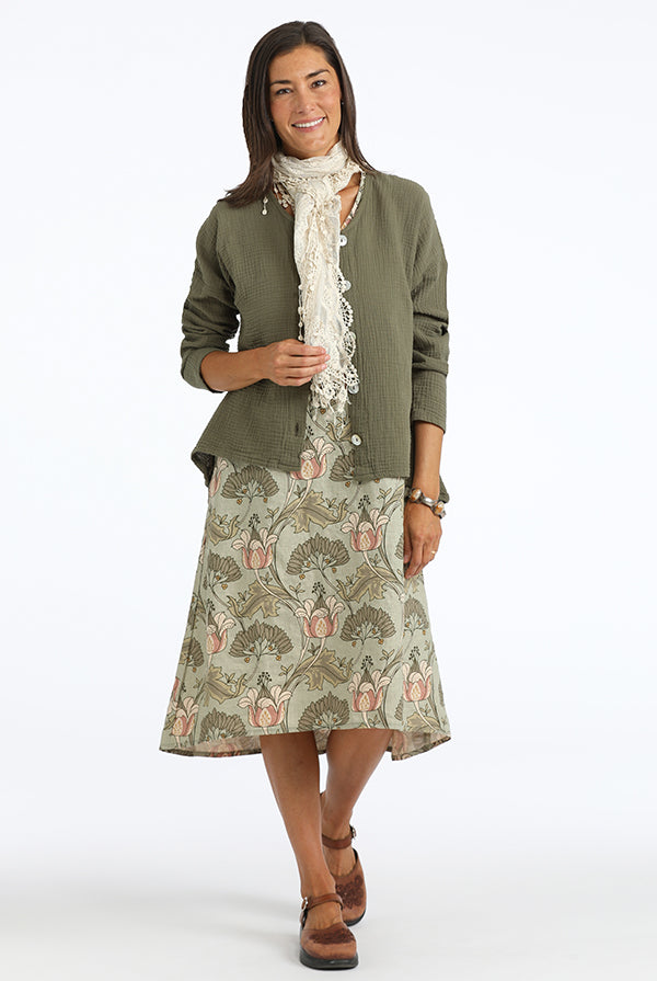 green floral linen dress with moss cardigan