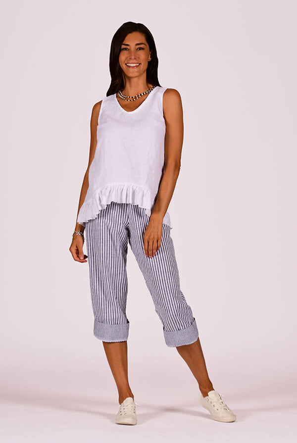 cuffed  linen striped capri pants
