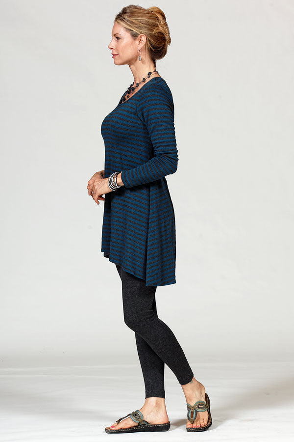 bamboo tunic on model in pacific and charcoal stripe