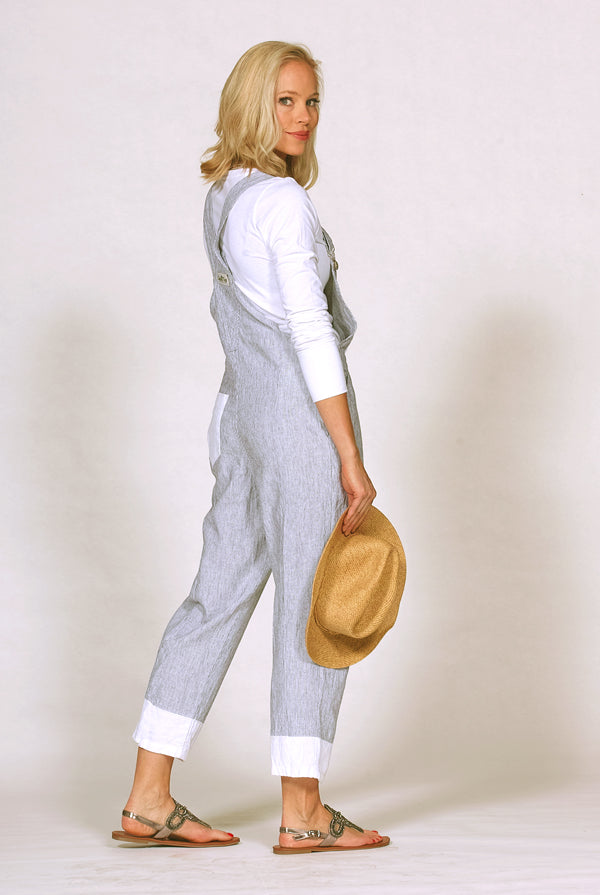 linen cotton overalls in mini stripe side view
