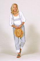 linen cotton overalls in mini stripe with hat