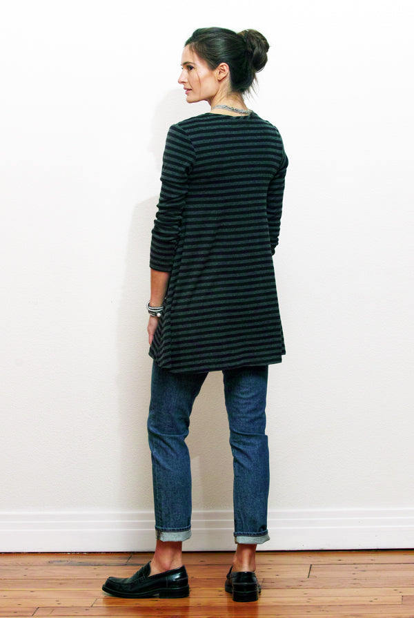 bamboo tunic on model in black and charcoal stripe back view