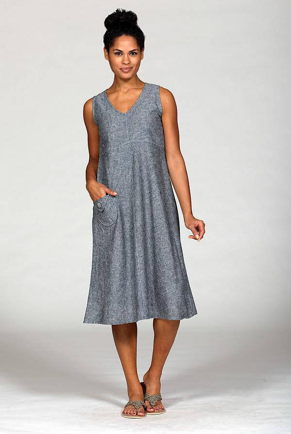 empire waist casual dress in charcoal chambray
