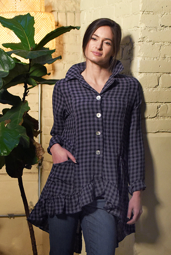 linen ruffle jacket in indigo check