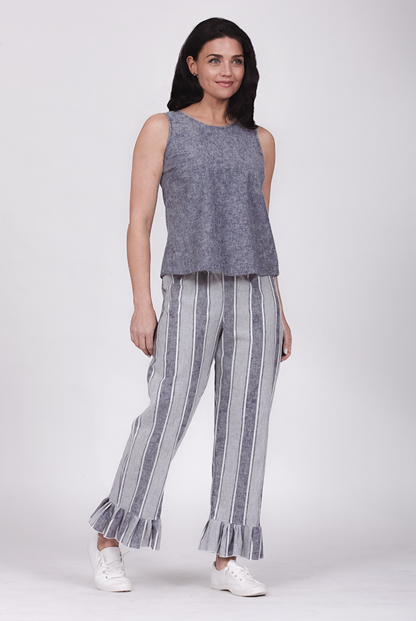 blue stripe ruffle pants