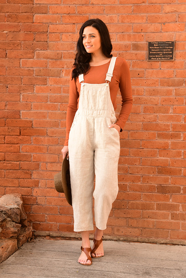 overalls in oatmeal linen