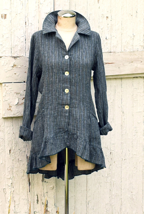 ruffle jacket in teal stripe linen