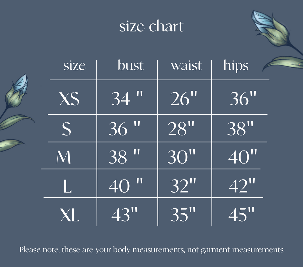 Goddess Gear natural fiber clothing fit and size chart