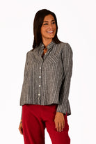 hemp blouse in charcoal pinstripe