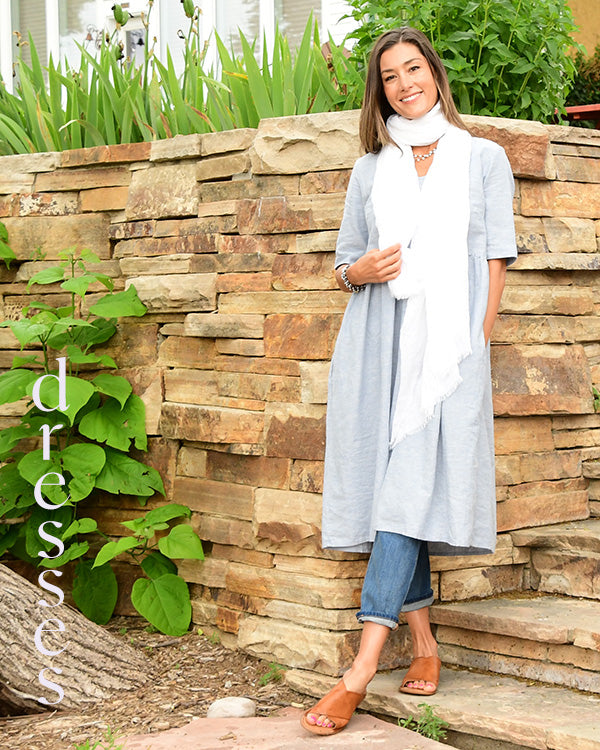 sky blue hemp market dress with white scarf