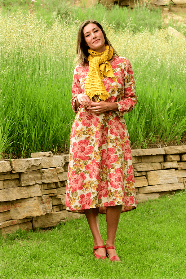 linen floral dress with mustard scarf