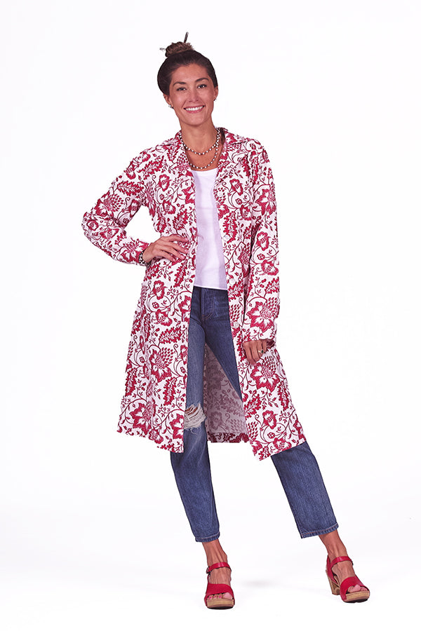 red floral print linen overcoat