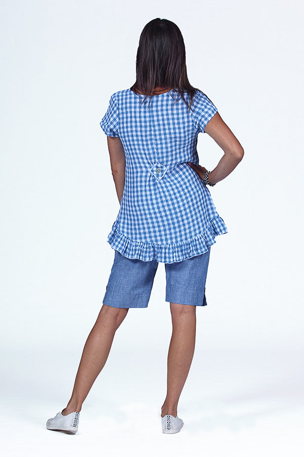 blue and white gingham linen top