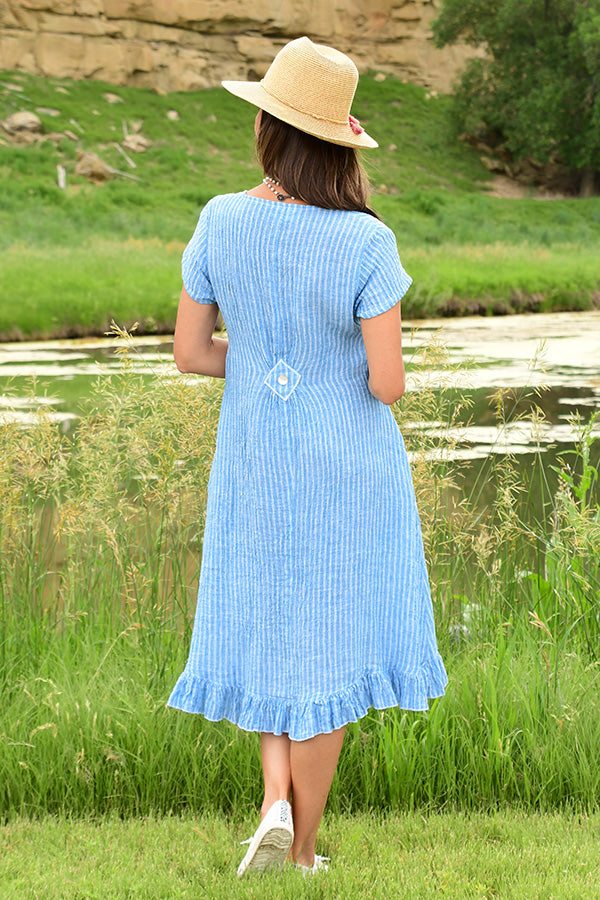 blue striped linen ruffle dress back view
