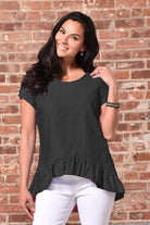 linen ruffle top in black