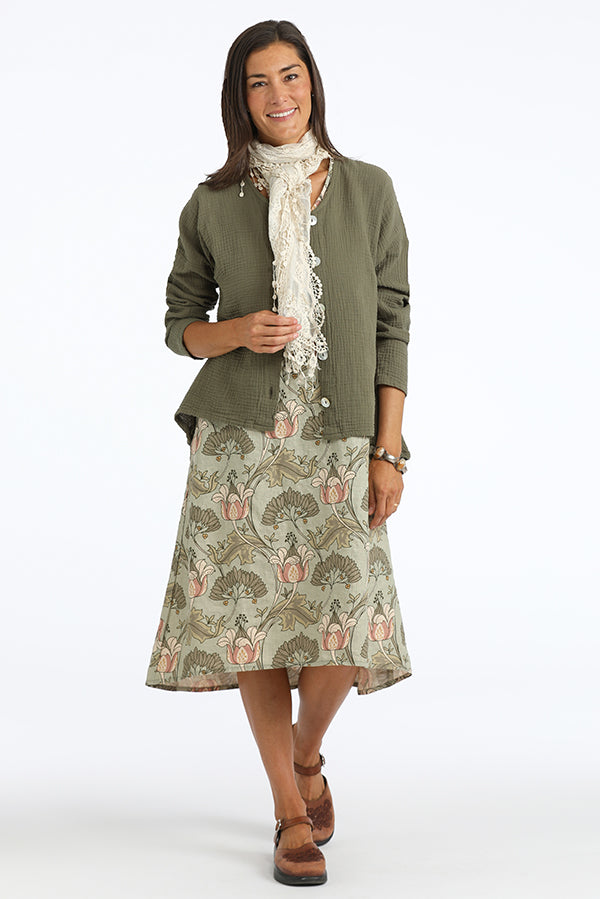 green floral linen dress with moss cardigan
