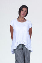 white linen ruffle top