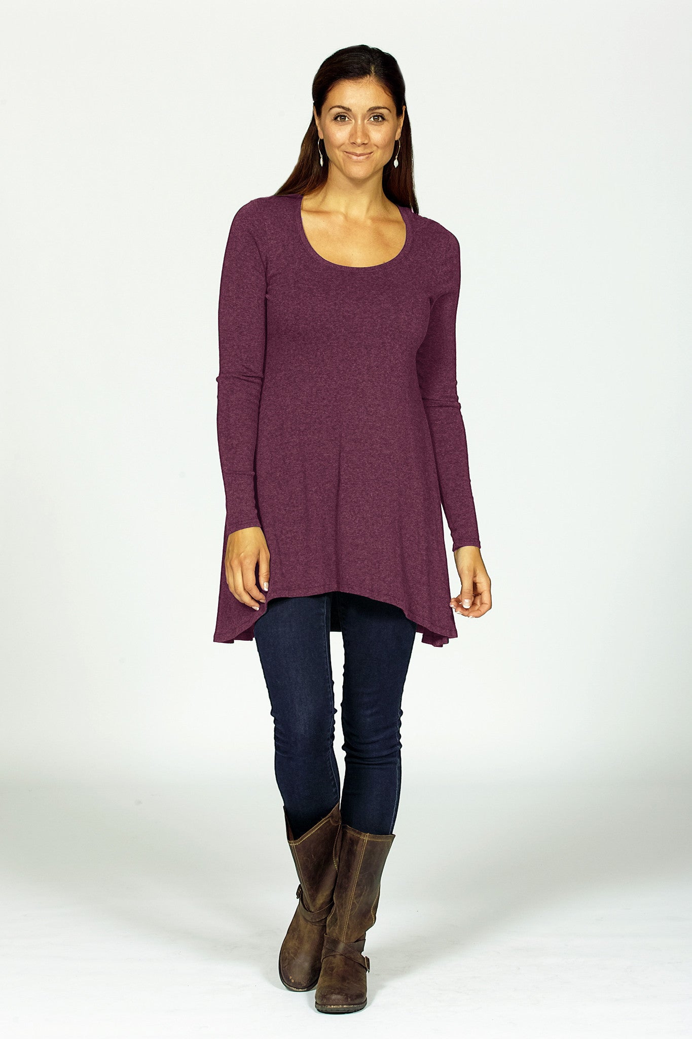 bamboo tunic on model in mulberry