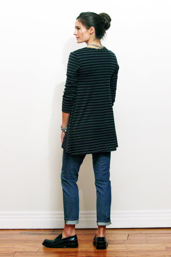 bamboo tunic on model in black and charcoal stripe back view