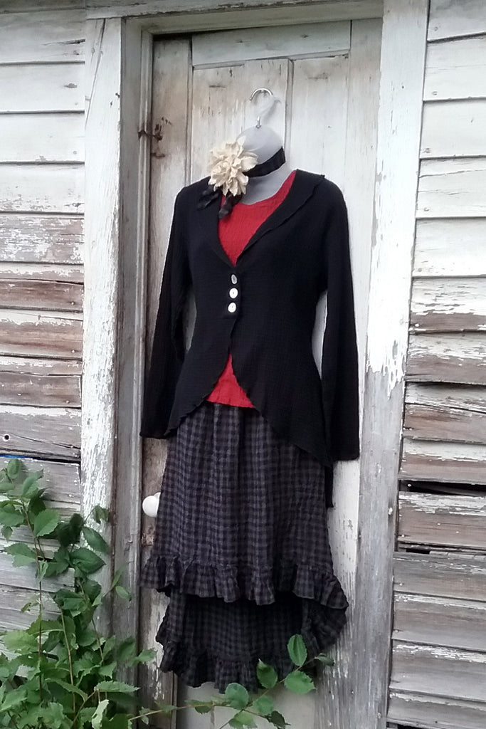 linen ruffle skirt in black check