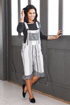 striped linen ruffled hem shortalls