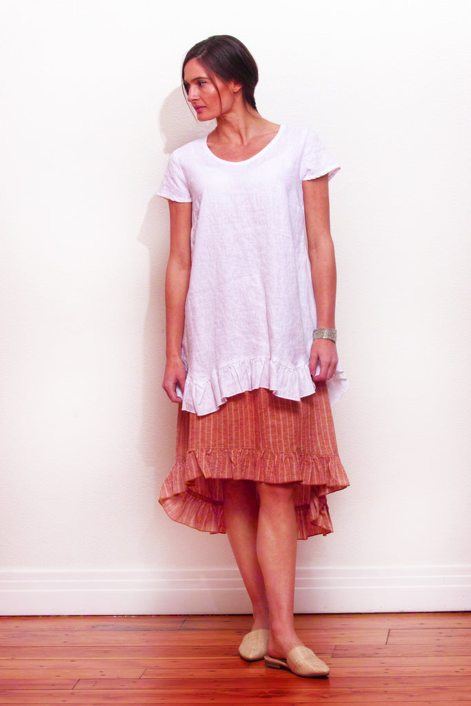 hemp organic cotton ruffle skirt in rust stripe