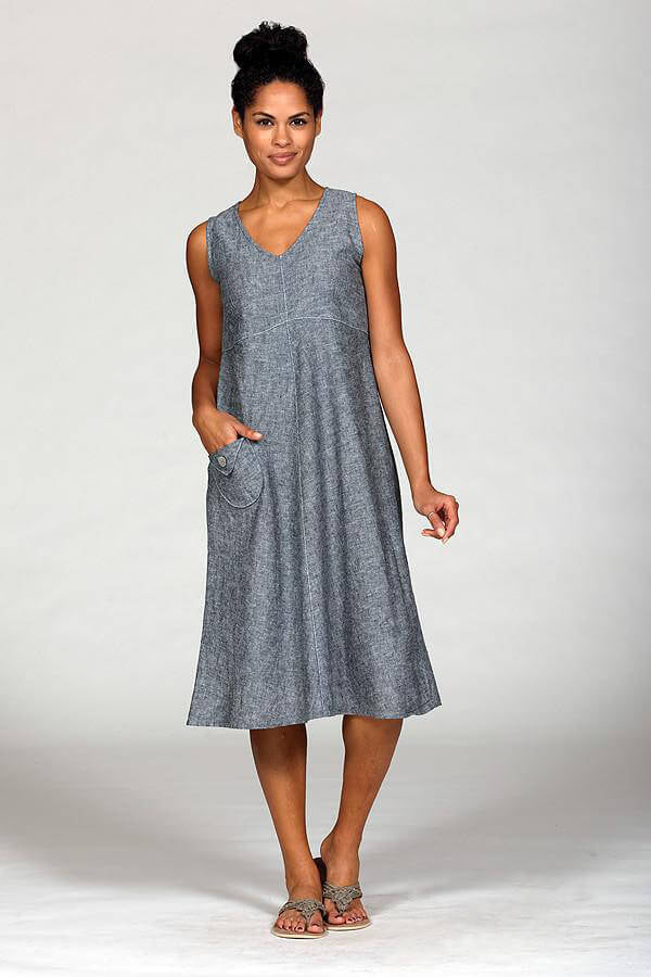 empire waist casual dress in charcoal chambray