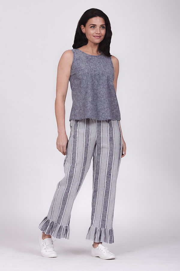 blue stripe ruffle pants