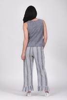 blue stripe pants with ruffle hem back view