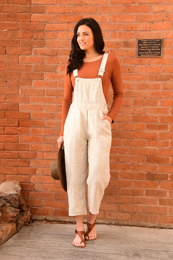 overalls in oatmeal linen