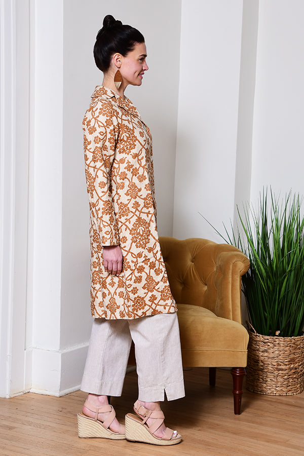 linen overcoat in rust print side view