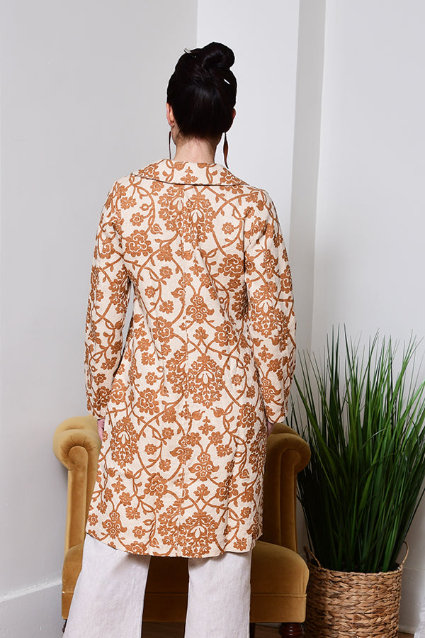 floral linen coat back view in rust print